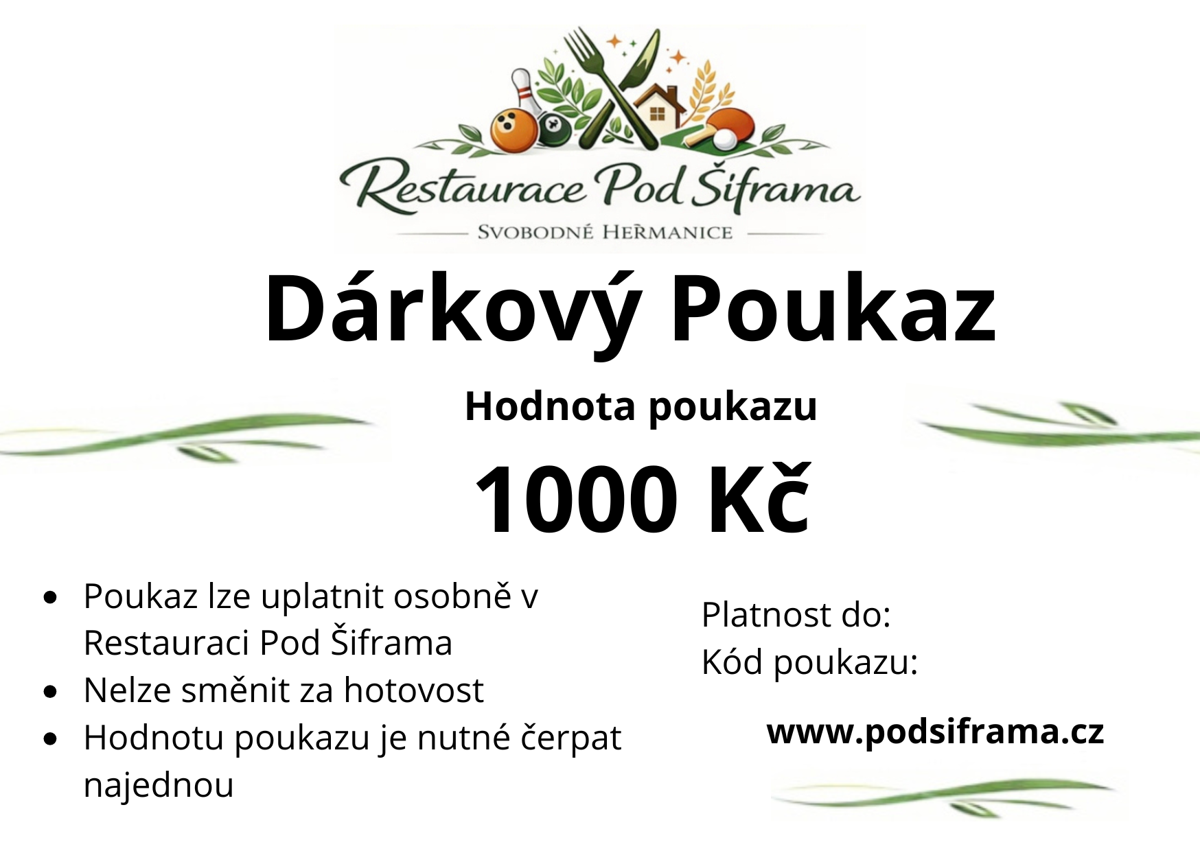 Dárkový voucher – Restaurace Pod Šiframa v hodnotě 1000 Kč